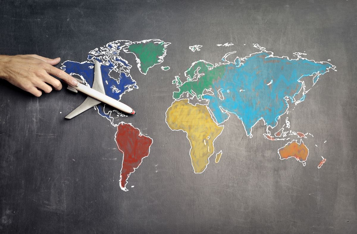 World map and travel planning for a study journey to Germany