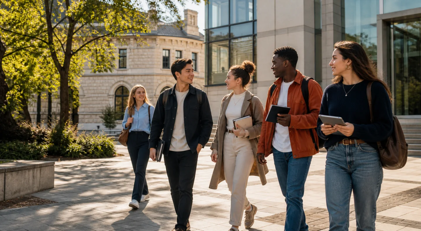 International students walking together through a university campus